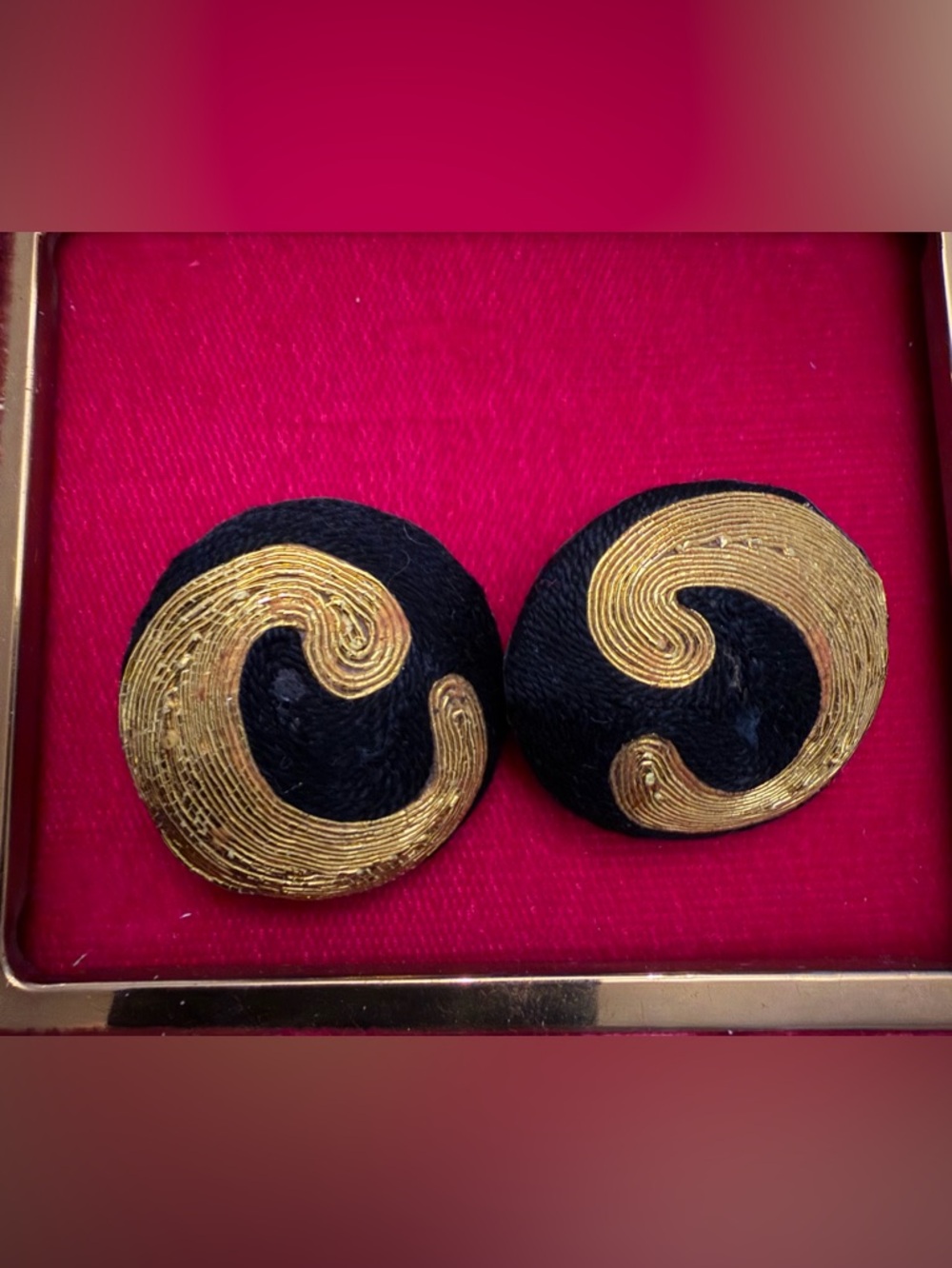 Vintage Black and Gold Swirl Button Earrings - Women Jewelry